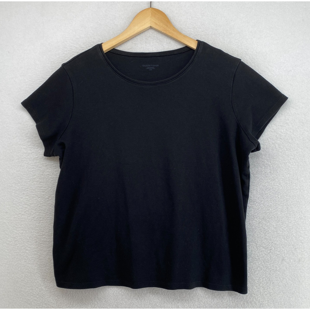 EILEEN FISHER Top L Organic Cotton Interlock Jersey Crew Neck Short Sleeve Black